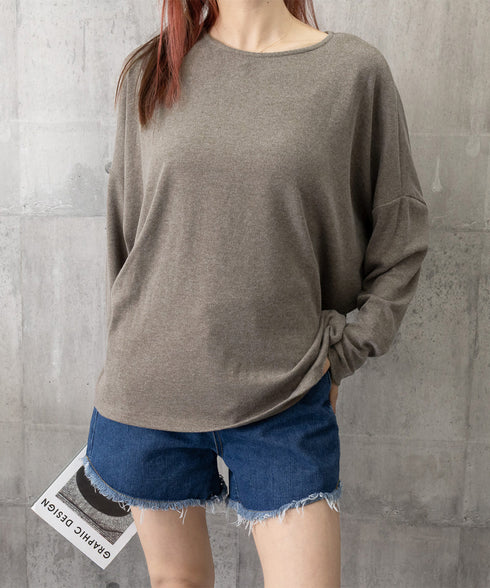 ドルマンスリーブロンTゆったりカットソー レディース オーバーサイズロングTシャツ 落ち感秋服 大人可愛いプルオーバー クルーネックトップス長袖 抜け感体型カバー 2SHENSHI-002